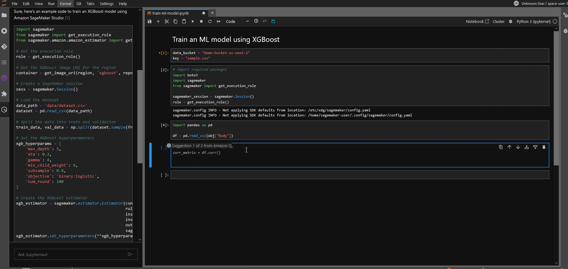 Screenshot of Amazon SageMaker Studio showing an example of training an XGBoost machine learning model, with code cells for data loading, preprocessing, and model training, as well as AI assistant suggestions.