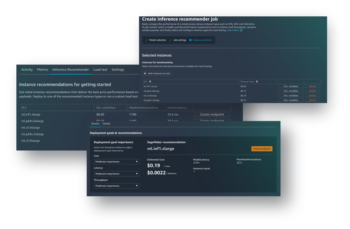 Screenshot of Amazon SageMaker Studio Inference Recommender interface showing instance recommendations for deployment, estimated costs, model latency, throughput optimization, and endpoint creation options for machine learning inference jobs.