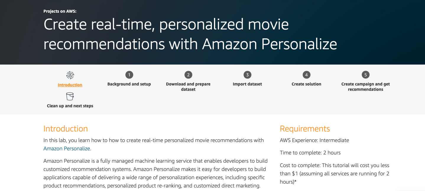Screenshot of the AWS tutorial introduction page for creating real-time, personalized movie recommendations using Amazon Personalize. The image includes an overview of the tutorial steps and requirements, highlighting the process from setup to solution and campaign creation.