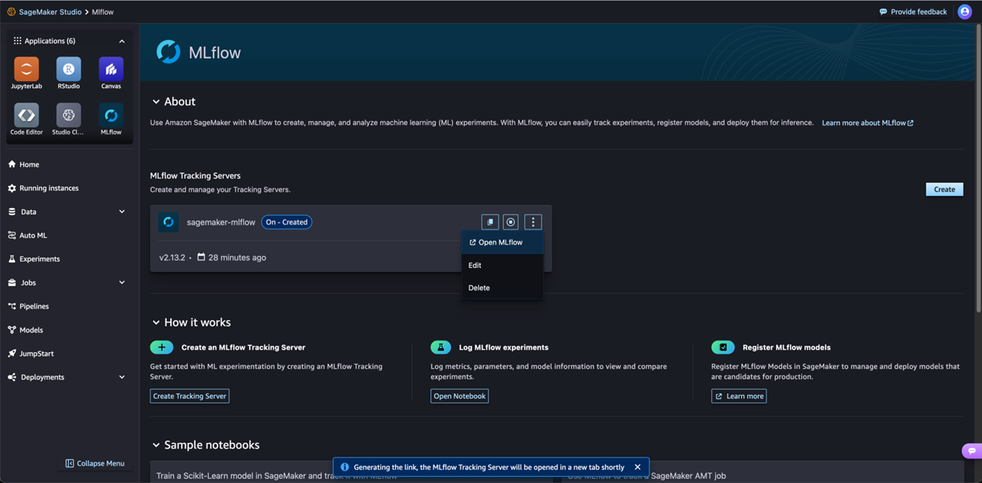 Screenshot of the Amazon SageMaker Studio MLflow Tracking Server dashboard. The interface displays MLflow Tracking Servers management, server status, and options to open, edit, or delete an MLflow server. It also highlights features such as creating a tracking server, logging MLflow experiments, and registering MLflow models.