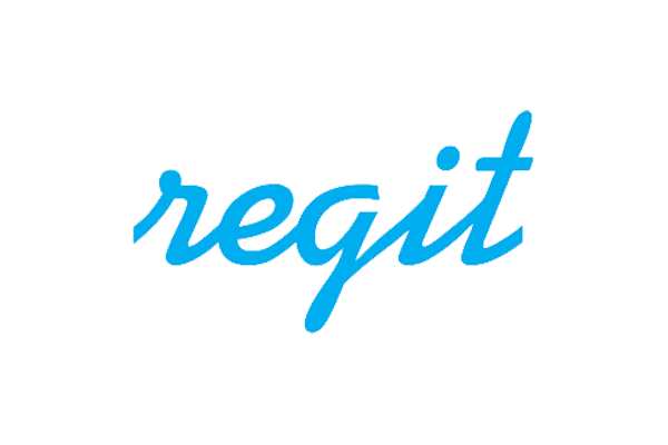The Regit logo in a blue script font on a transparent background.