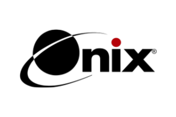 The Onix logo featuring a black circle with a swooping orbit line and the word "onix" in bold black letters, with a red dot above the "i".