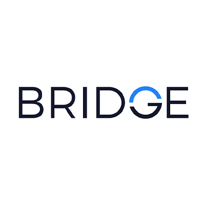 "Logo with the word 'BRIDGE' in black text, where the 'G' is stylized with a blue arc."