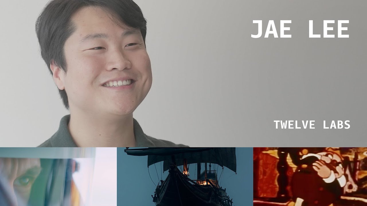 Text reading "Jae Lee" and "Twelve Labs" on a gray background, with three images below: a close-up of a person's eye, a burning ship at sea, and a cartoon character.