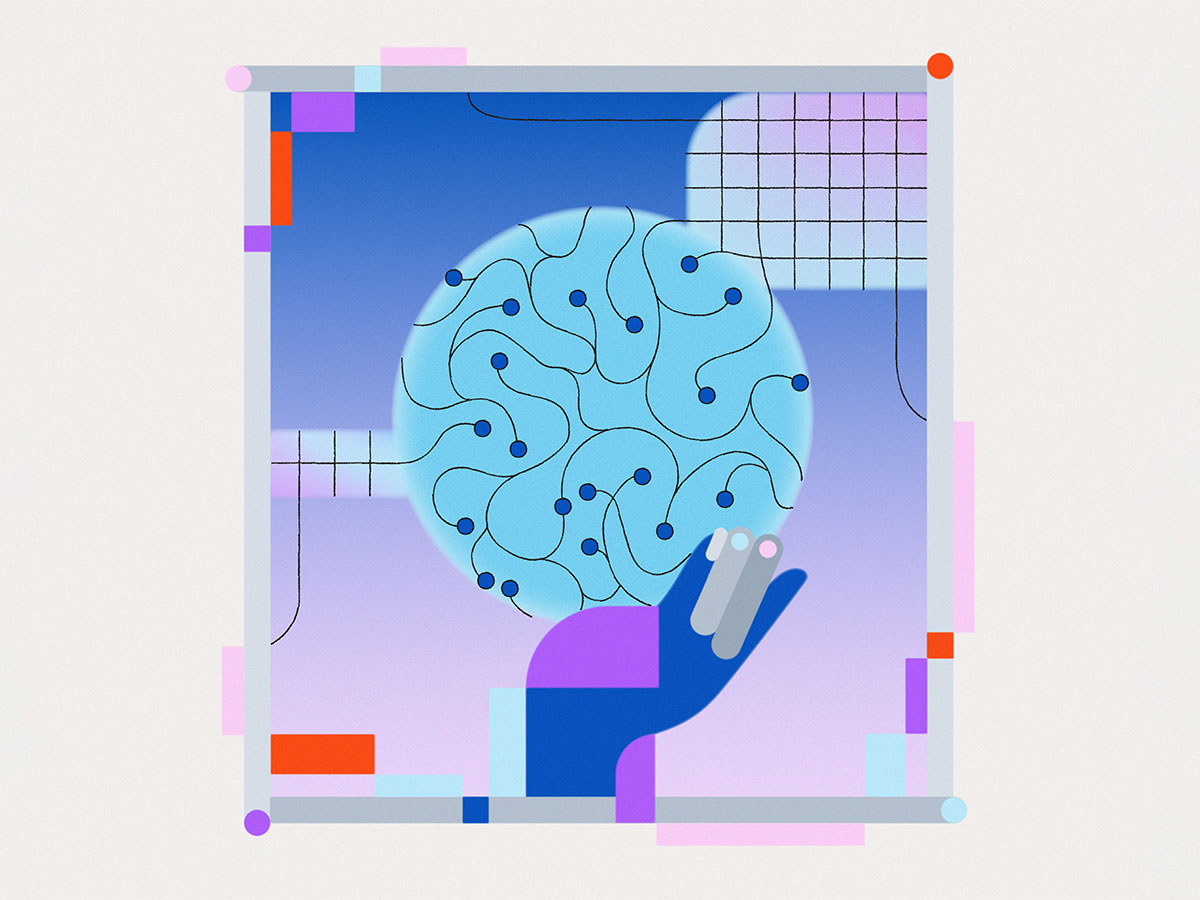 An abstract illustration depicting a stylized hand supporting a neural network or data sphere, represented by interconnected blue nodes and lines. The design features geometric shapes and a gradient blue and purple color palette, symbolizing artificial intelligence and machine learning concepts.