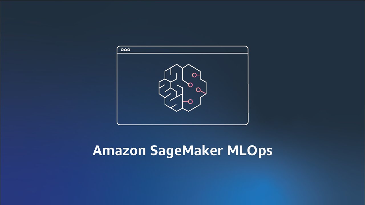 Amazon SageMaker MLOps thumbnail with abstract SageMaker logo and browser window outline on a blue gradient background.