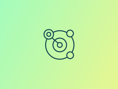 Minimalist icon of interconnected circles resembling an atom, on a gradient green-to-yellow background.
