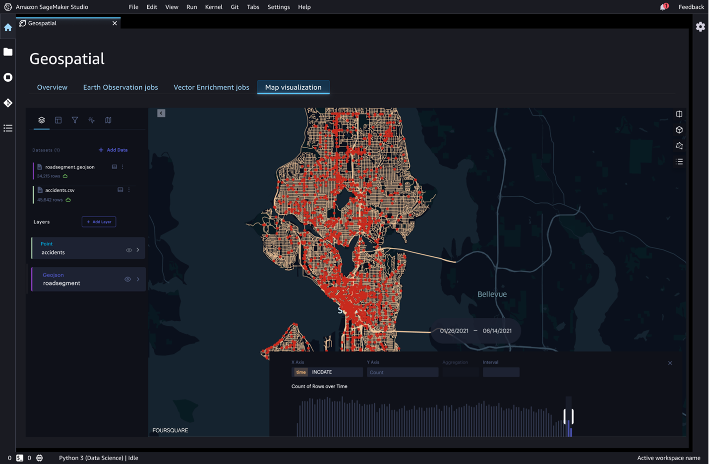 Screenshot of Amazon SageMaker Studio Geospatial showing a map visualization of Seattle, displaying accident locations and road segment data. The interface includes datasets for road segments and accident CSVs, visualized on a dark map with highlighted data points and a timeline filter.