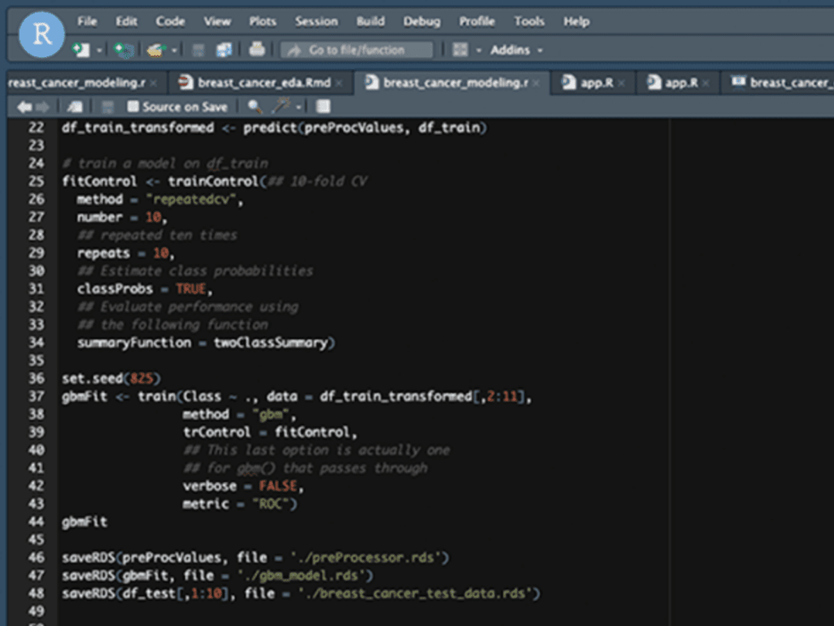 Screenshot of the RStudio integrated development environment (IDE) within Amazon SageMaker Studio, showing code for machine learning model training using R. The interface displays an R script focused on model training and evaluation, highlighting SageMaker's capabilities for data science and AI/ML workflows.