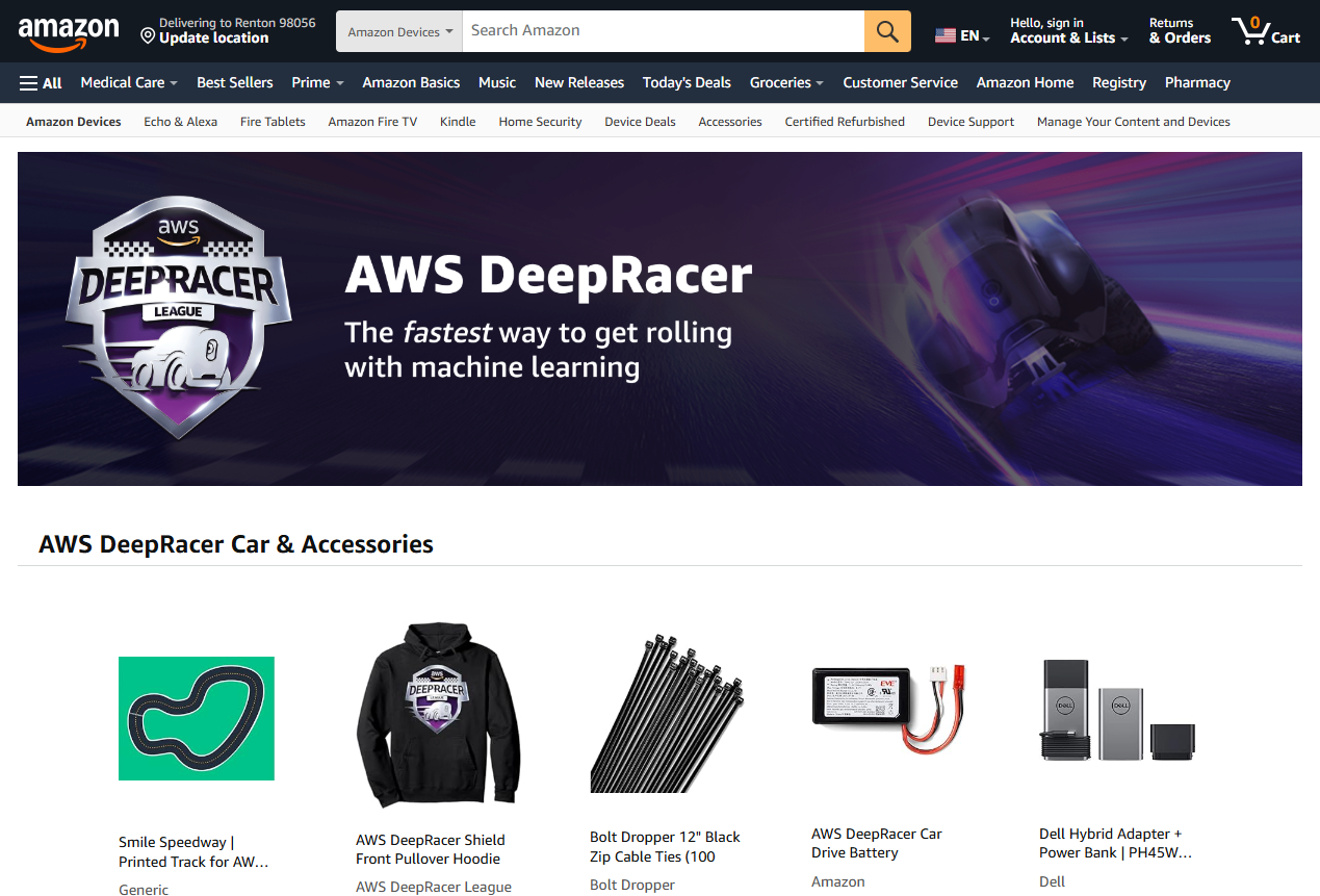 Screenshot of the AWS DeepRacer Amazon storefront page for 2025, displaying AWS DeepRacer branding, slogan about machine learning, and various DeepRacer car accessories and merchandise available for purchase.