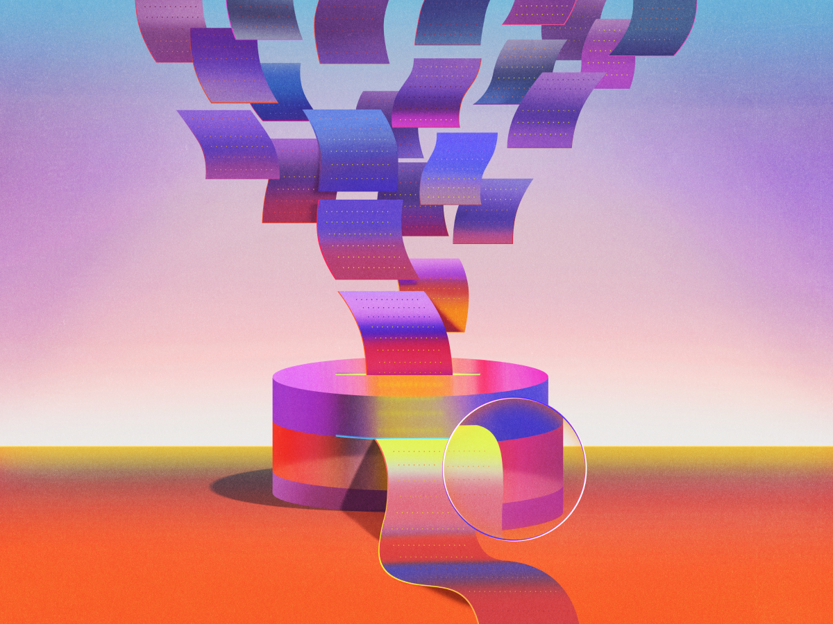 Abstract artwork featuring colorful, gradient ribbons spiraling upward from a circular base against a vibrant sunset-like background.