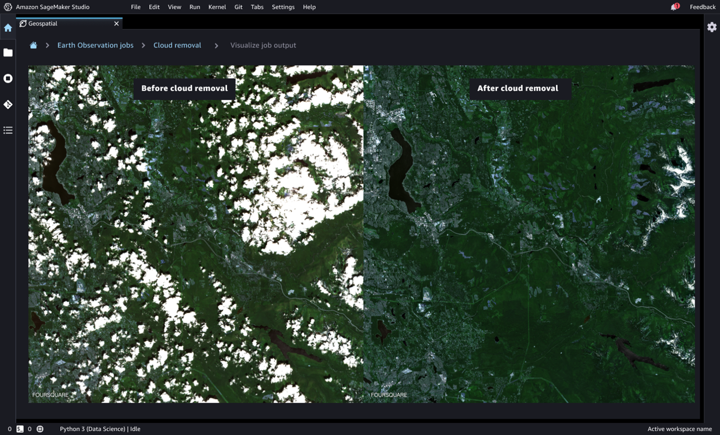 A screenshot from Amazon SageMaker Studio Geospatial showing a side-by-side comparison of satellite imagery before and after automated cloud removal, demonstrating the effectiveness of cloud removal in geospatial data analysis.