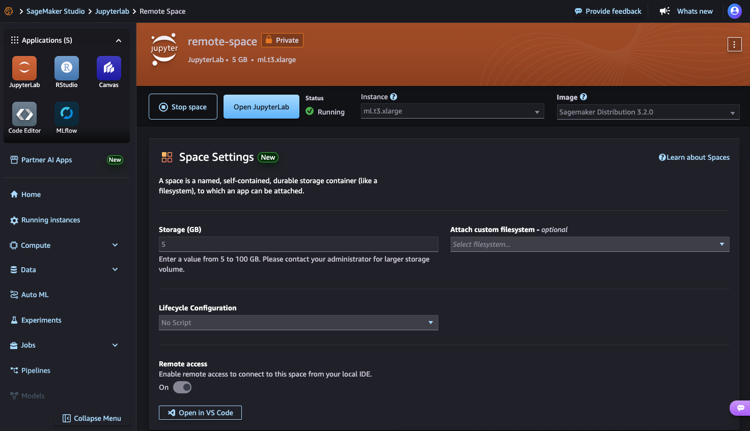 Screenshot of the Amazon SageMaker Studio Space local IDE interface, showing workspace management, application launch options (JupyterLab, RStudio, Canvas, Code Editor, MLflow), space settings, and remote access controls in a machine learning development environment.