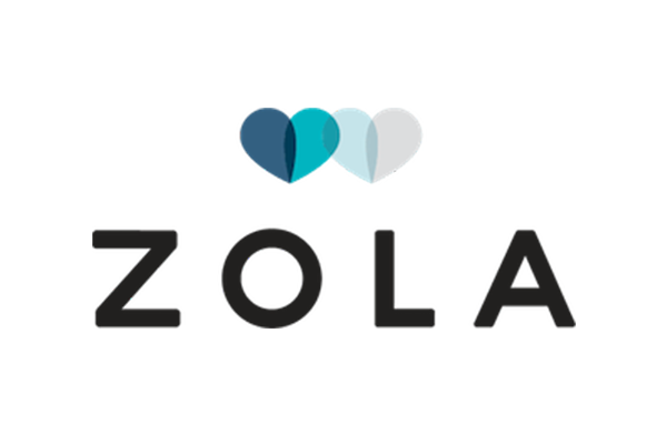 Logo of Zola featuring three overlapping heart shapes above the word 'ZOLA'.