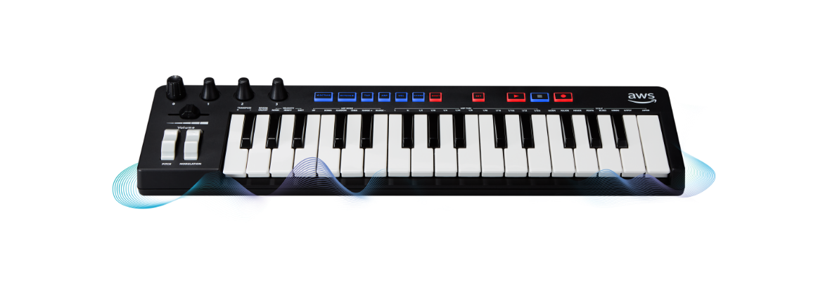 A black electronic MIDI keyboard with white and black keys, multiple control knobs, colored function buttons, and AWS branding on the upper right side. Blue and purple digital wave graphics are displayed beneath the keyboard.