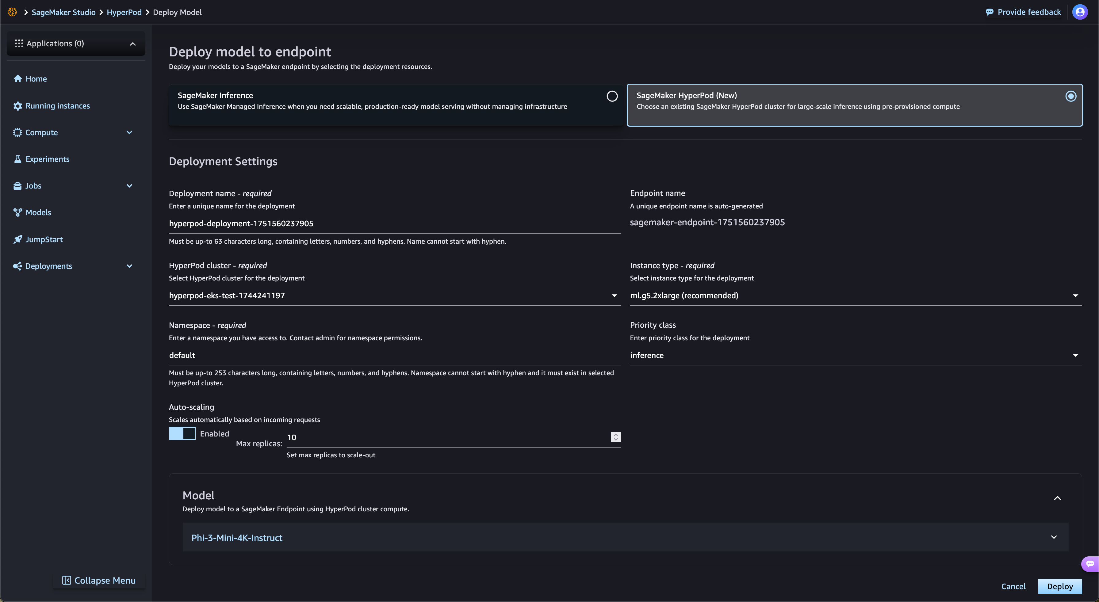 Screenshot of the deployment settings for deploying a model endpoint using SageMaker HyperPod in SageMaker Studio. The interface shows fields for deployment name, HyperPod cluster selection, instance type, namespace, auto-scaling options, and the model being deployed. Used for large-scale inference with pre-provisioned compute.