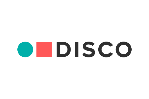 The logo for DISCO, featuring a teal and coral icon followed by the word 'DISCO' in bold, dark letters.