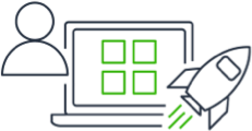 Illustration of a person, a laptop with green squares on the screen, and a rocket launching.