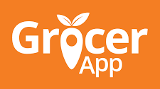 Logo for Grocer App featuring white text with a stylized carrot design on an orange background.