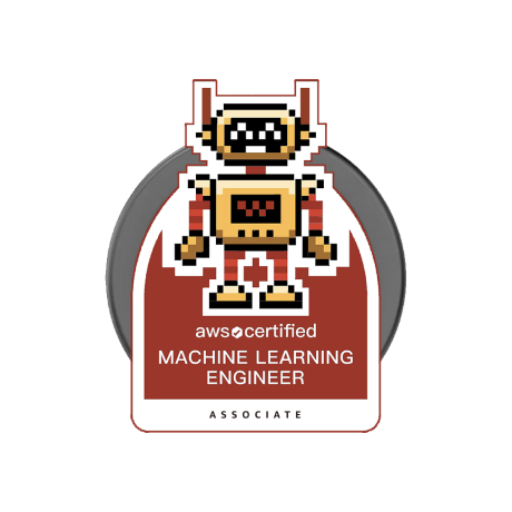 A phone grip featuring an AWS Certified Machine Learning Engineer badge design with a pixel art robot and the text 'aws certified MACHINE LEARNING ENGINEER ASSOCIATE' on a red background.