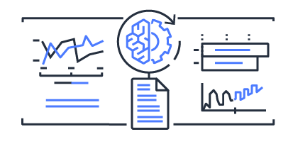Illustration showing Amazon QuickSight natural language insights with graphical charts, a document, and a brain icon representing machine learning and AI-driven analytics.