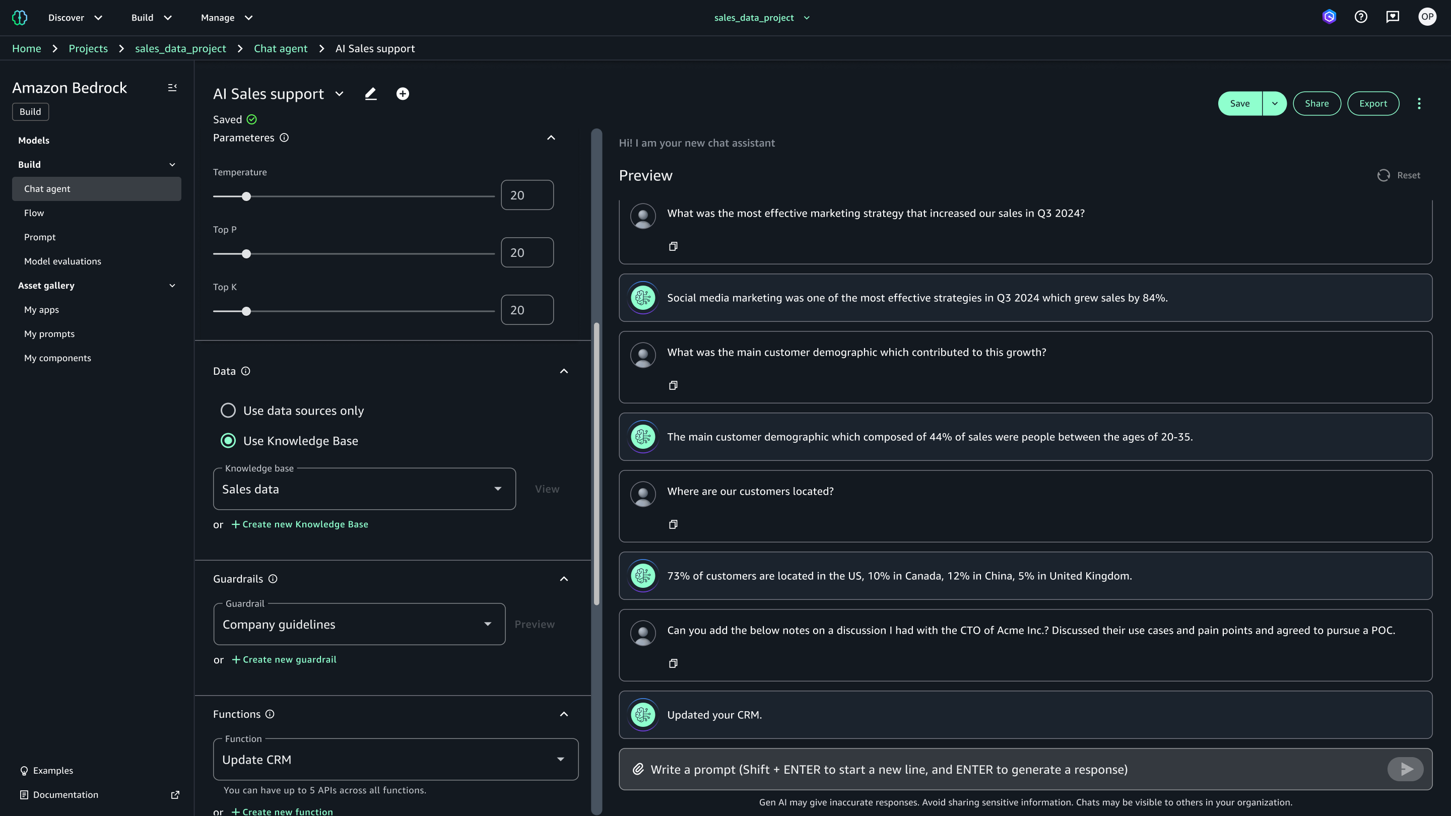 Screenshot of the Amazon Bedrock interface showing an AI Sales support chat agent setup with parameters, data sources, guardrails, and functions, alongside a preview of chat responses about sales data and customer demographics.