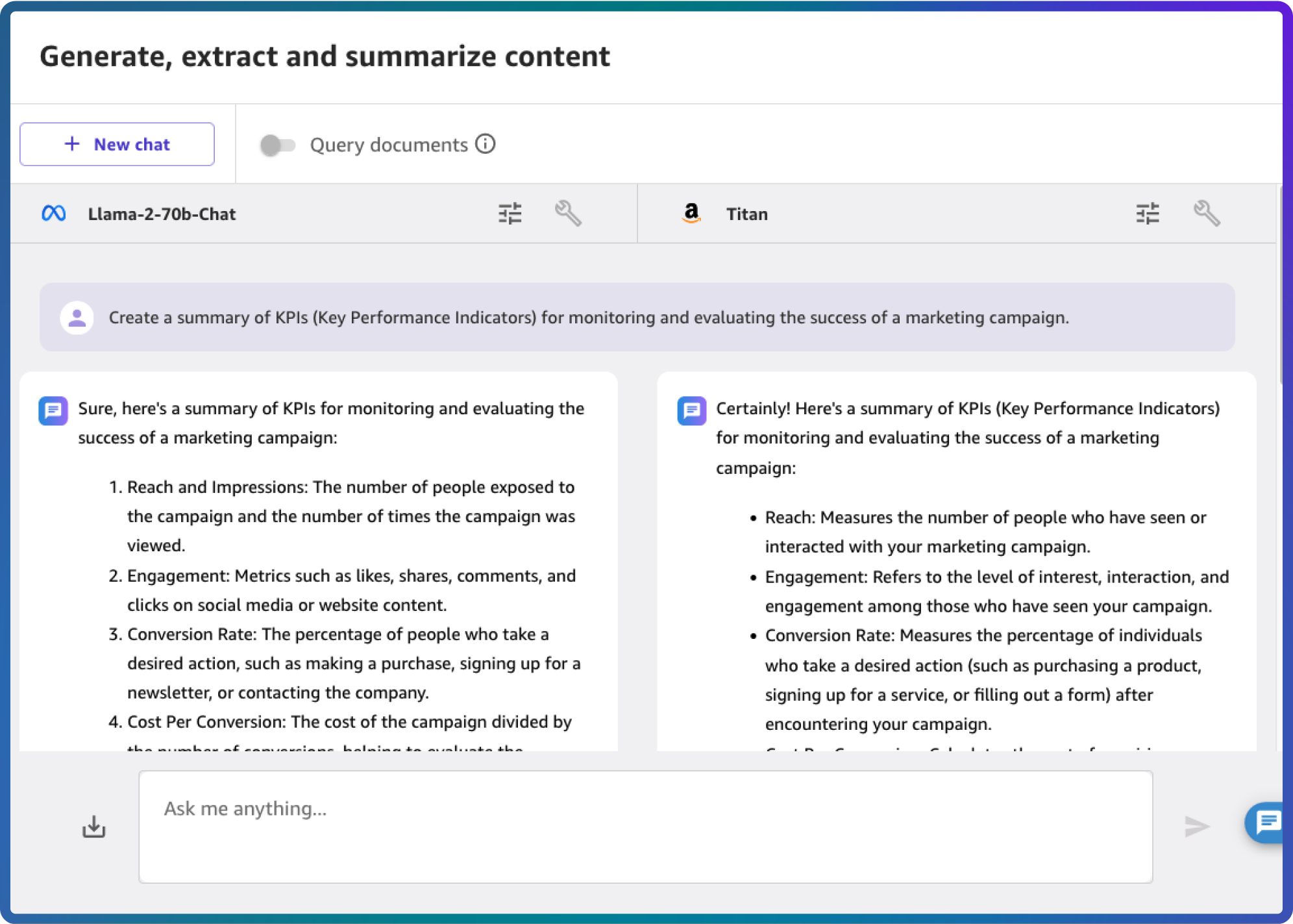 Screenshot of the Amazon SageMaker Canvas interface showing AI-generated summaries and extractions of content related to marketing campaign KPIs, with options for querying and comparing responses from different AI models.