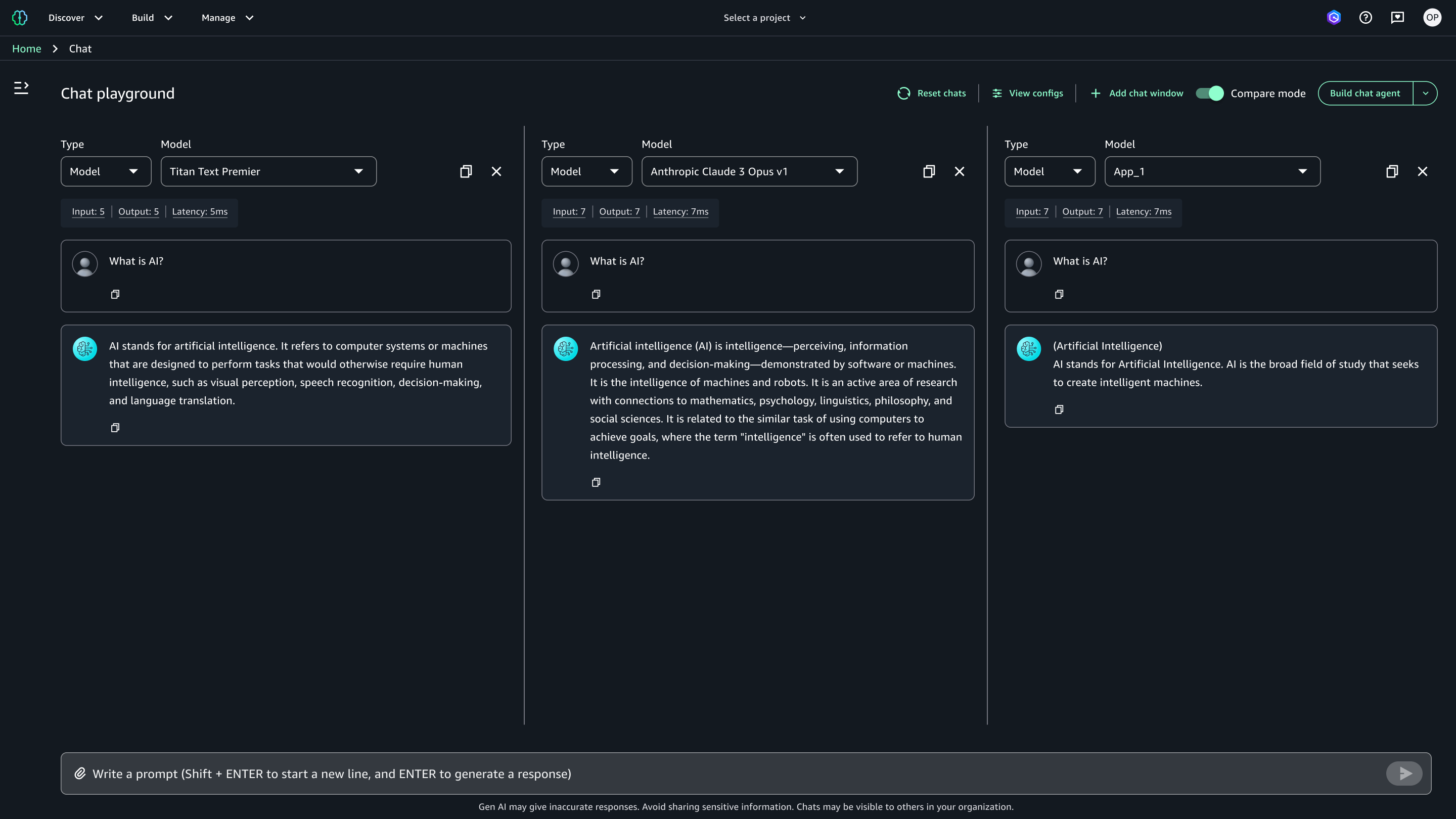 A dark-themed interface showing a "Chat playground" with three side-by-side AI models responding to the prompt "What is AI?" Each model provides a different explanation of artificial intelligence.