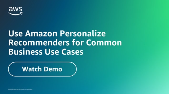 Promotional image for an AWS demo titled 'Use Amazon Personalize Recommenders for Common Business Use Cases.' The graphic features a 'Watch Demo' button on a blue-to-green gradient background with the AWS logo.