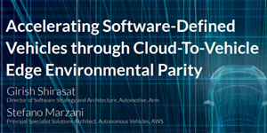 Title slide for a session on accelerating software-defined vehicles through cloud-to-vehicle edge environmental parity, presented by Girish Shirasat and Stefano Marzani.