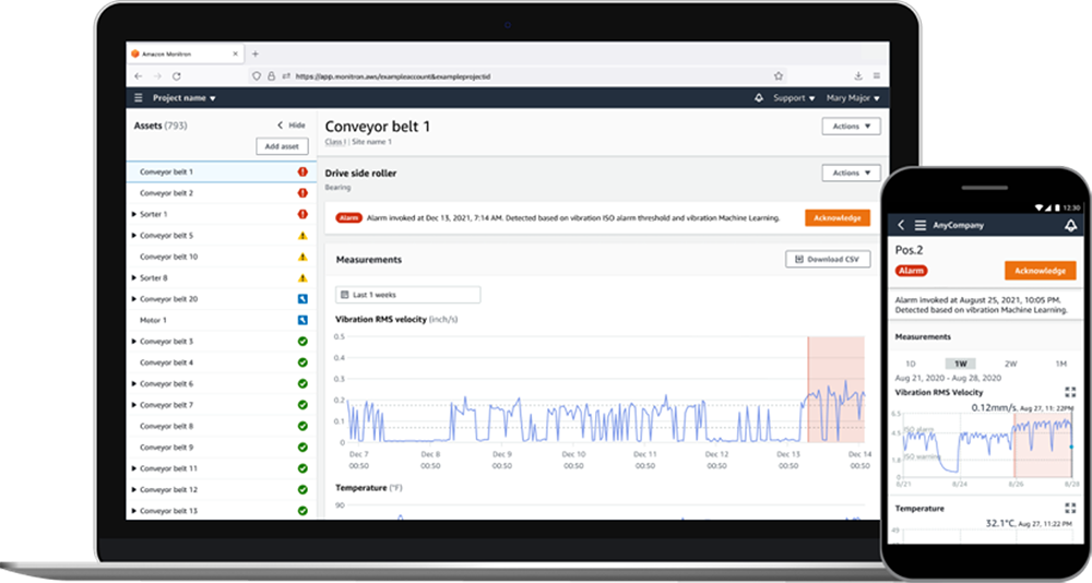 A laptop and smartphone display a monitoring dashboard with asset lists, alarm notifications, and vibration measurement graphs for industrial equipment.