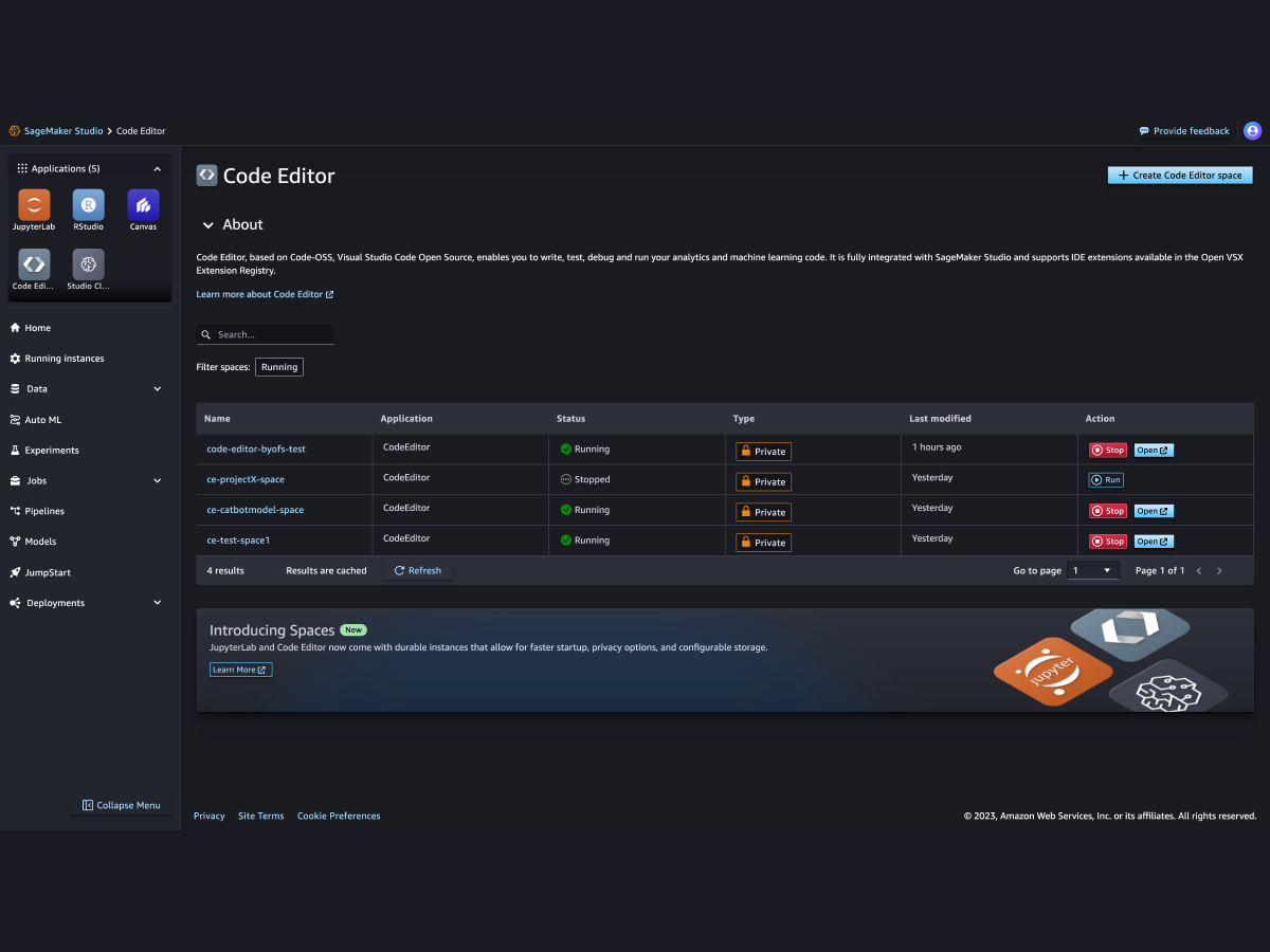 Screenshot of the Code Editor dashboard in Amazon SageMaker Studio, showing the interface for managing code editor spaces, status of applications, and available actions for running analytics and machine learning code using Code-OSS (VS Code Open Source).
