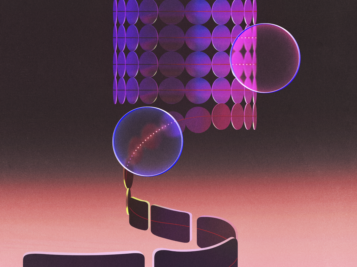 Abstract artwork featuring glowing purple and pink circles, two transparent spheres, and curved lines against a gradient background.