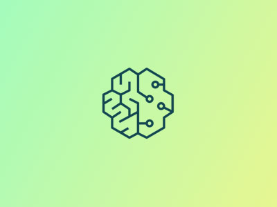 Geometric brain-shaped icon with circuit-like lines on a green-to-yellow gradient background.