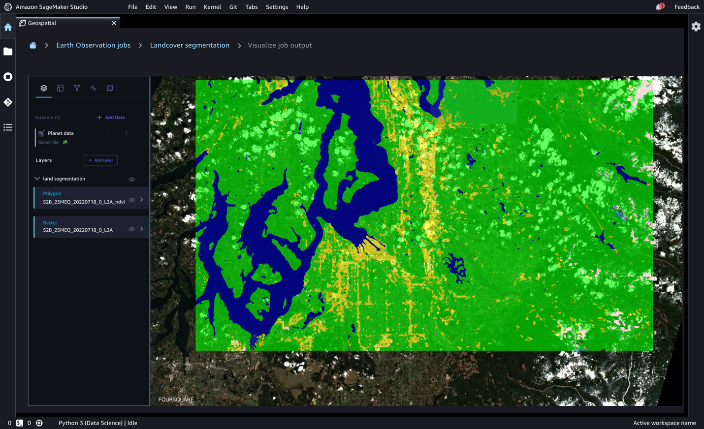 Screenshot of Amazon SageMaker Studio showing a geospatial visualization for landcover segmentation using Earth observation data. The interface displays layers and segmentation results with different land types highlighted on a satellite map.
