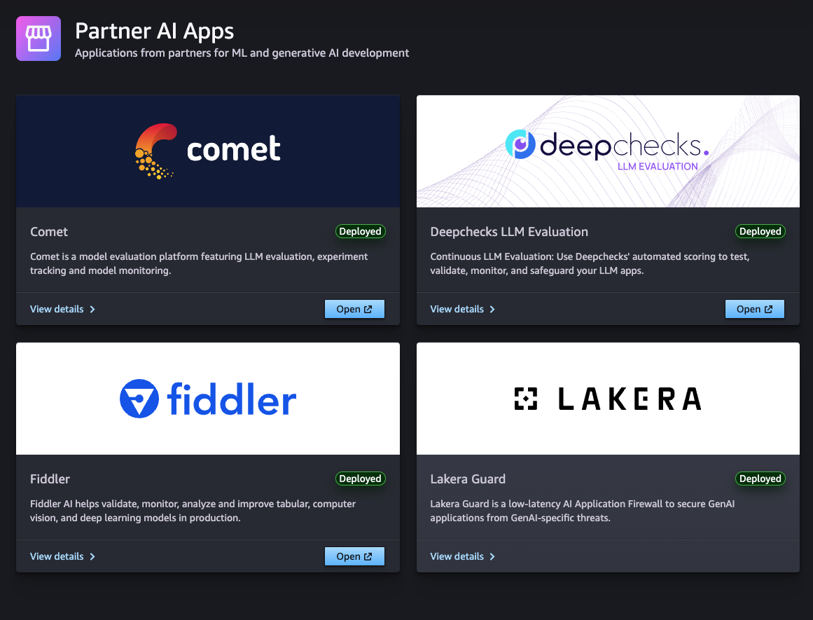 Screenshot of the AWS SageMaker dashboard showing Partner AI Apps for ML and generative AI development, featuring Comet, Deepchecks LLM Evaluation, Fiddler, and Lakera Guard applications for model evaluation, monitoring, validation, and security.