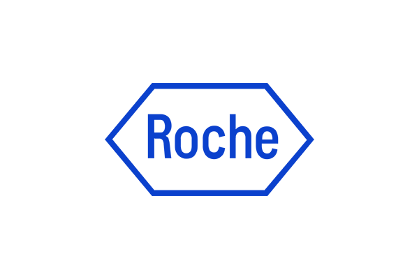 The logo of Roche, featuring the company name in a blue outlined hexagonal shape on a transparent background.