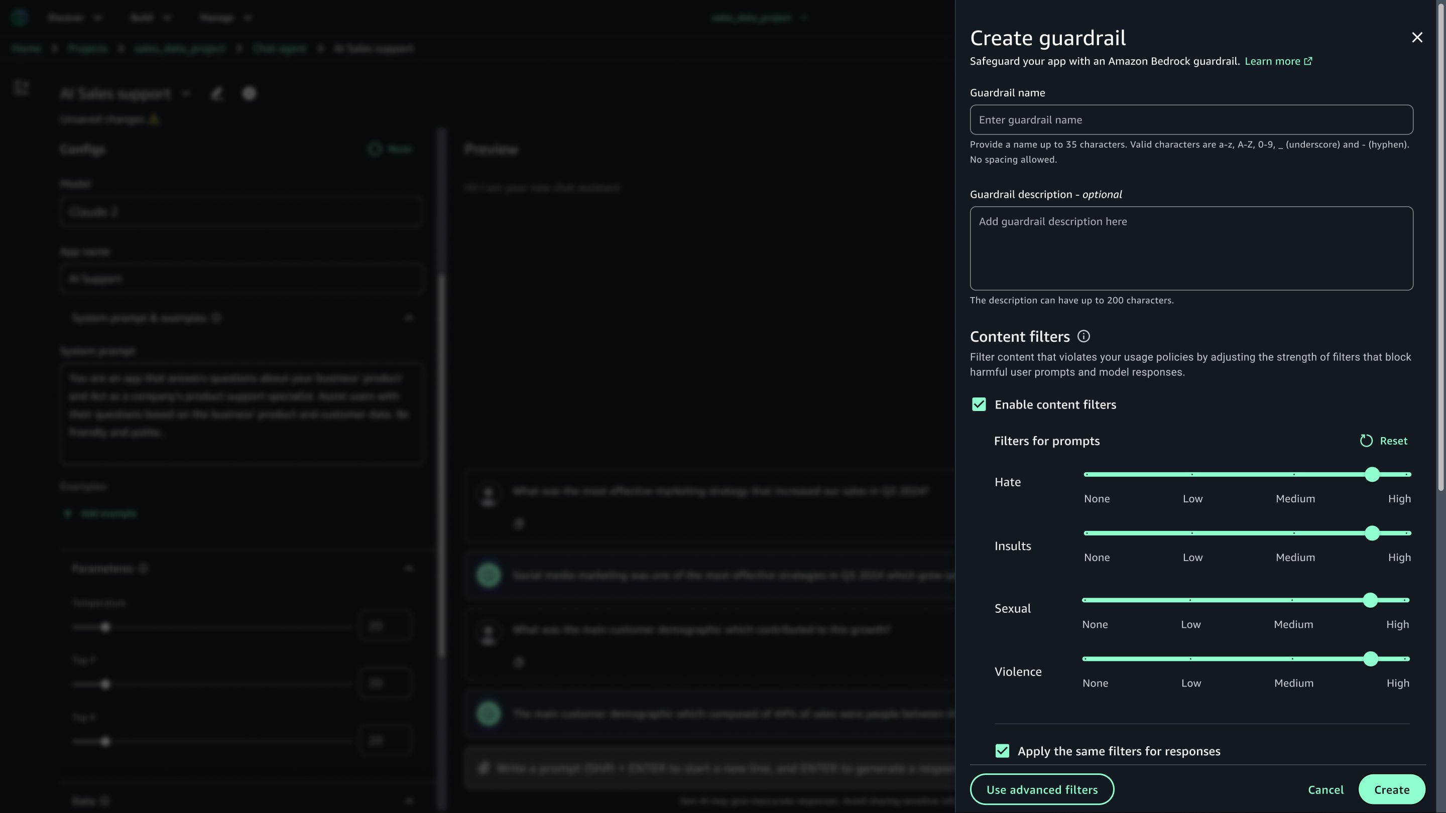Screenshot of an Amazon Bedrock interface showing the "Create guardrail" settings, including fields for guardrail name and description, and adjustable content filters for prompts and responses categorized as hate, insults, sexual, and violence.