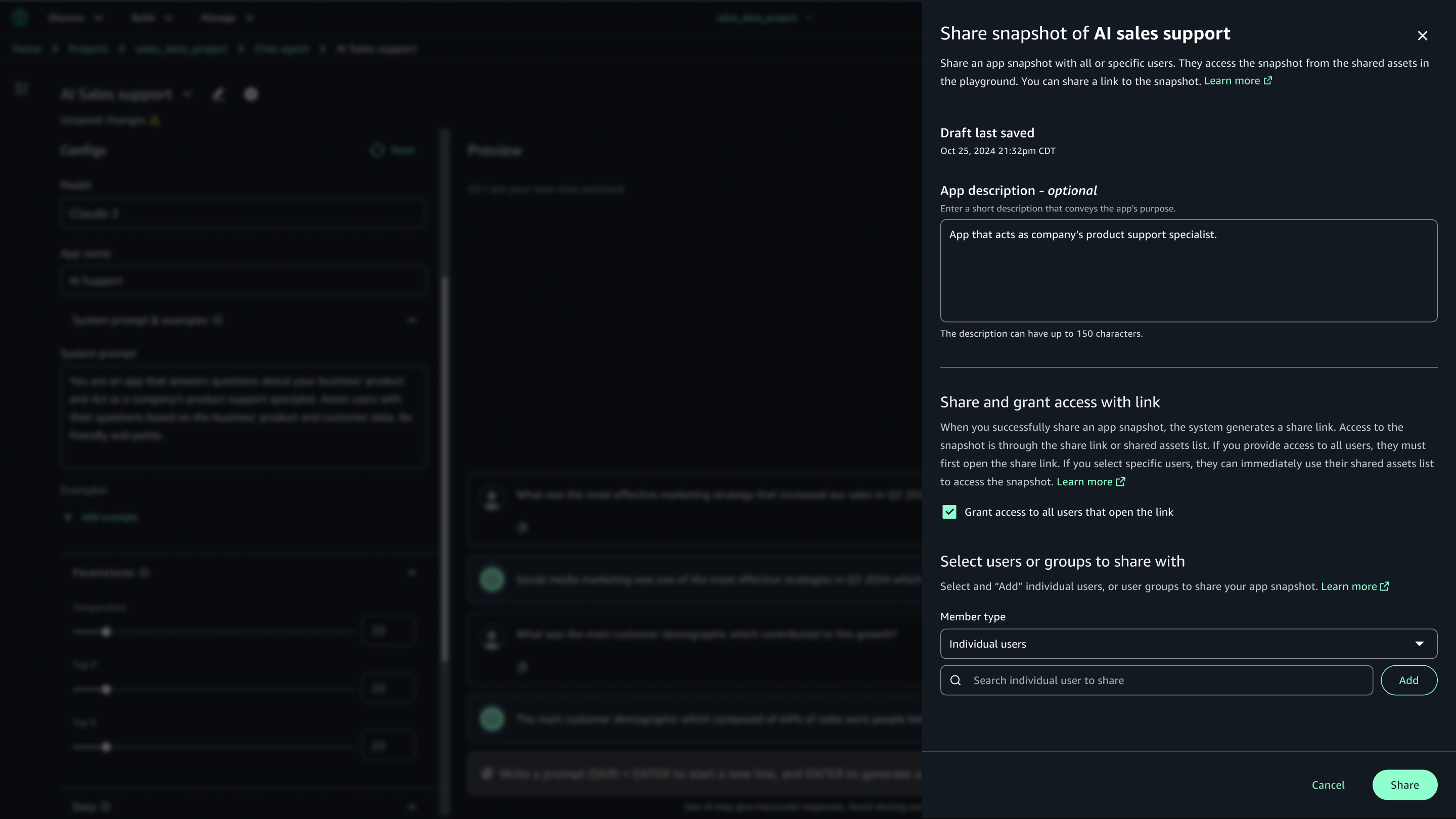 A dark-themed interface showing a configuration panel for an AI sales support app, with options to share a snapshot, add a description, and grant access to users.