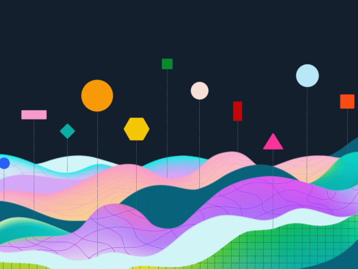 An abstract background featuring flowing, multicolored waves beneath a variety of geometric shapes (such as circles, rectangles, hexagons, and triangles) on a dark backdrop. The image visually suggests data visualization, analytics, or machine learning concepts.