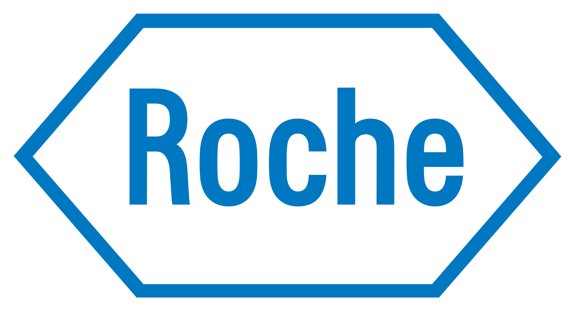 The Roche logo in blue text inside a blue hexagon outline on a transparent background.