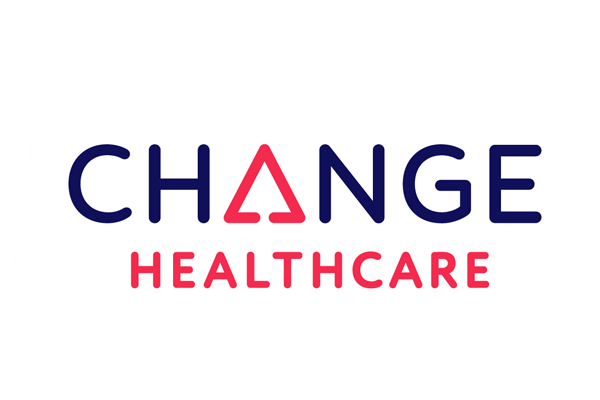 The logo of Change Healthcare, featuring the word 'CHANGE' in blue with a stylized letter 'A' as a pink triangle, and 'HEALTHCARE' in pink below it.