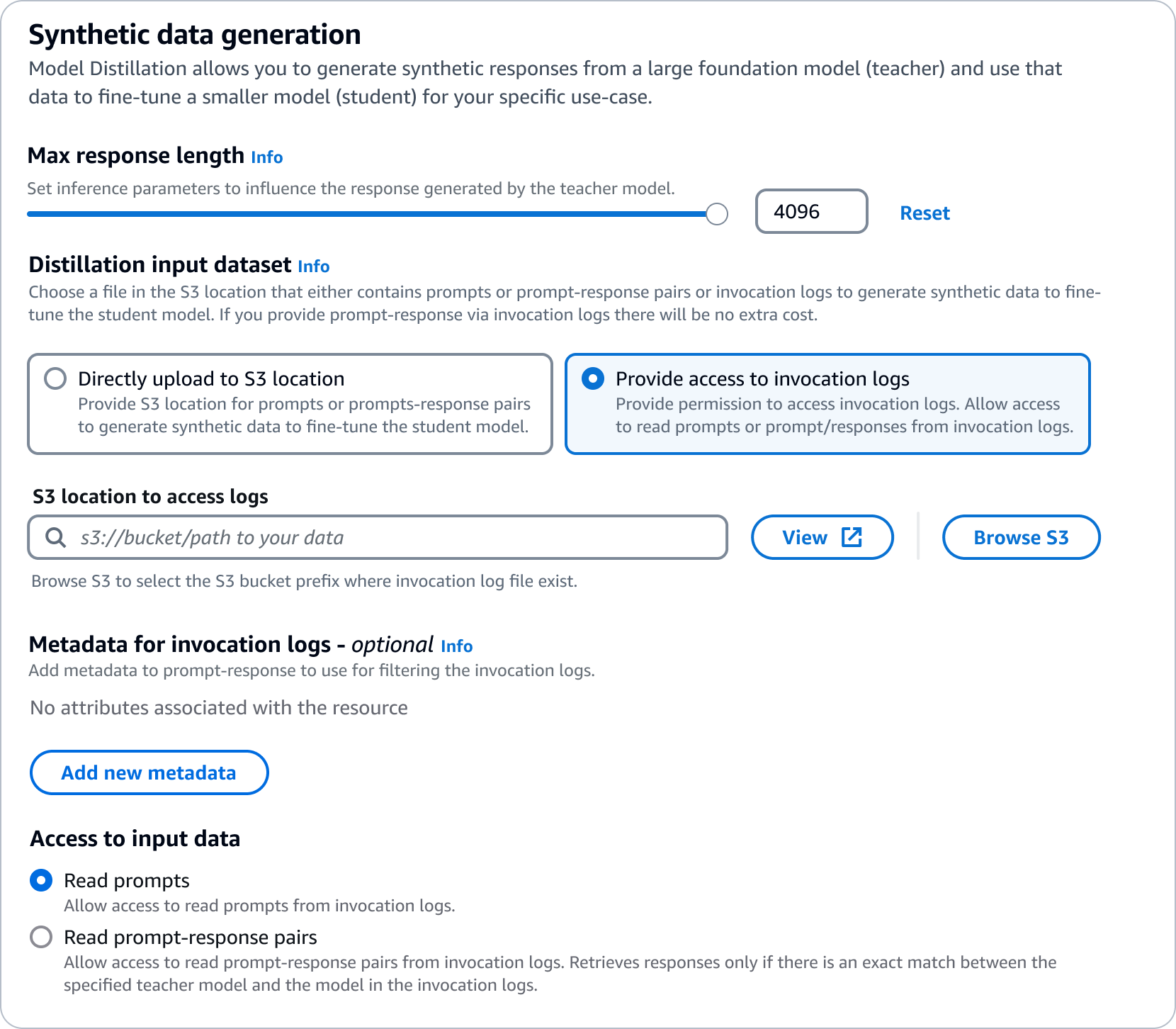 Screenshot of the AWS Synthetic Data Generation interface showing options for model distillation, including setting response length, selecting distillation input dataset, configuring S3 log access, adding metadata, and managing access to input data such as prompts or prompt-response pairs.