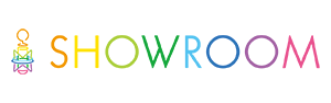 SHOWROOM logo with a rainbow color gradient in a horizontal rectangular design.