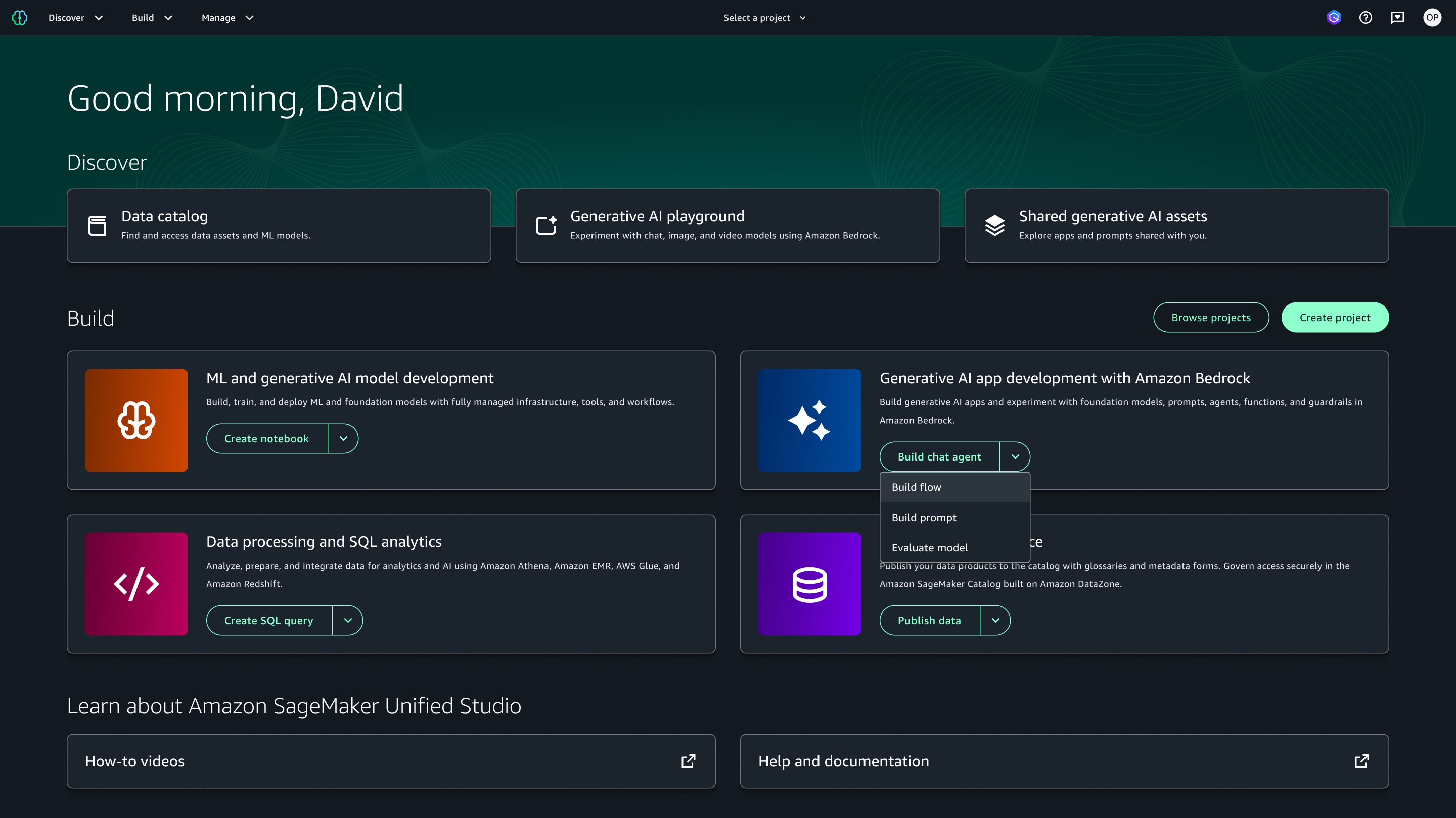 Dashboard interface of Amazon SageMaker Studio, showing options for data catalog, generative AI tools, and machine learning model development.