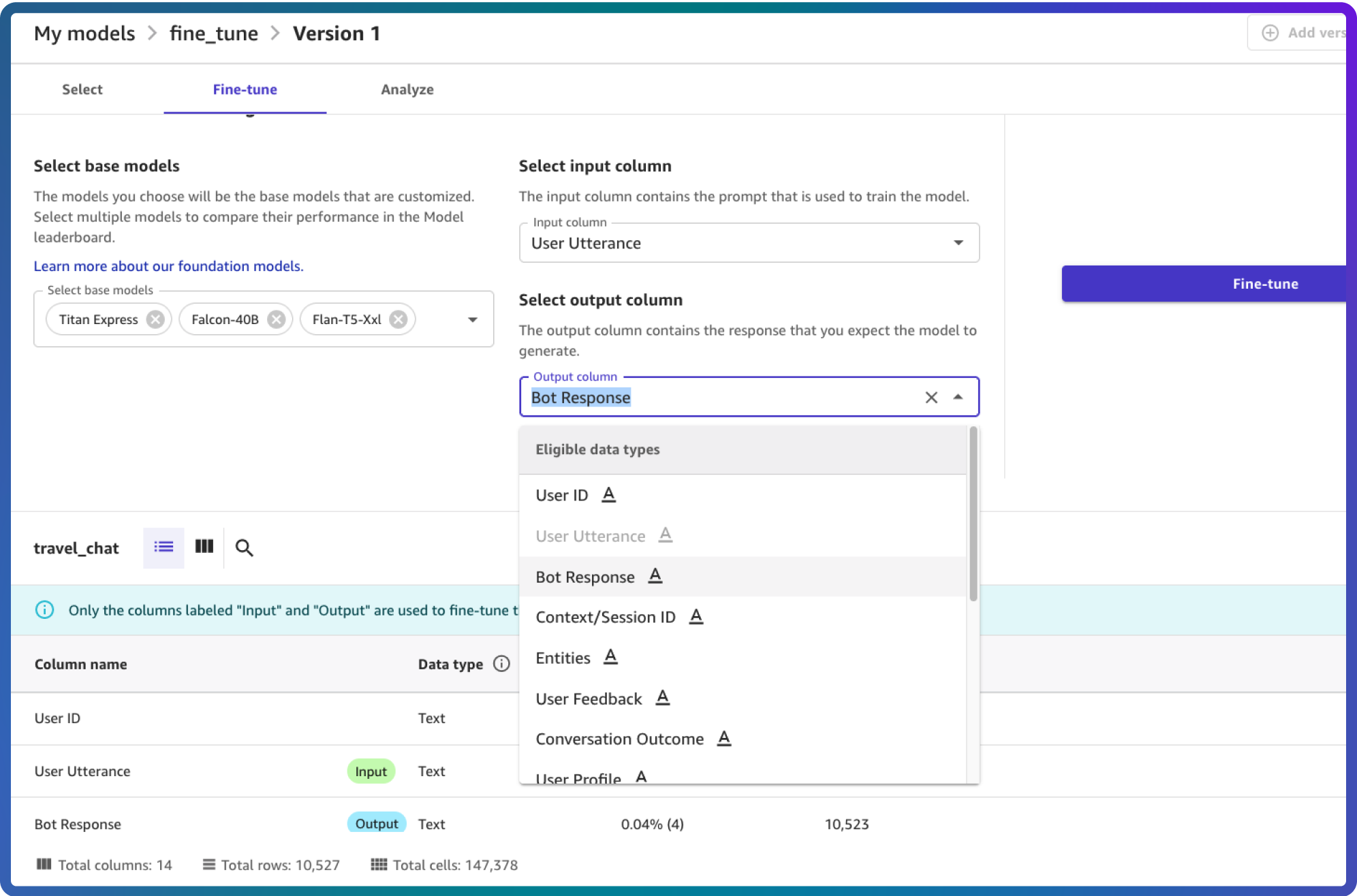 Screenshot of the Amazon SageMaker Canvas interface showing the fine-tuning process for a machine learning model, specifically the selection of input and output columns, with options to choose base models and data types for training, including User Utterance and Bot Response.