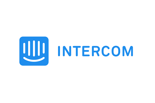 The Intercom logo in blue on a white background, featuring an icon with vertical lines and a smile underneath, next to the word 'Intercom' in blue text.