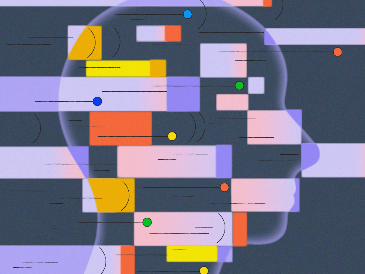 An abstract illustration of a human head silhouette filled with colorful geometric data patterns and lines, representing artificial intelligence and machine learning concepts.