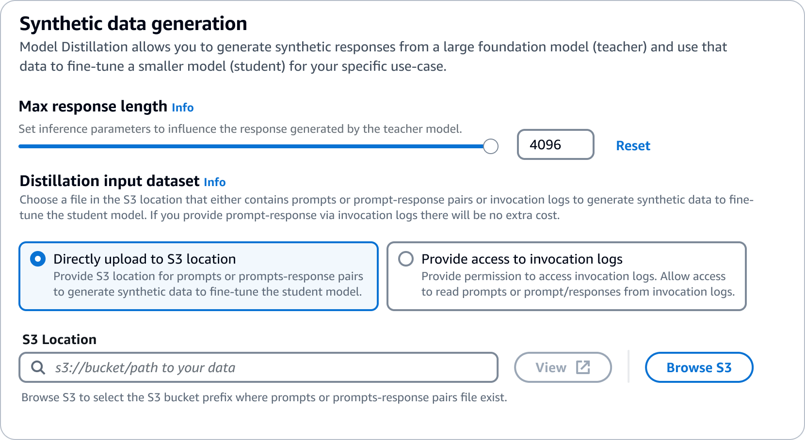 Screenshot of the AWS Synthetic Data Generation and Model Distillation user interface. The UI enables users to set the maximum response length, choose a distillation input dataset from an S3 location or invocation logs, and provides options to upload data or browse S3 buckets to generate synthetic responses for fine-tuning machine learning models.