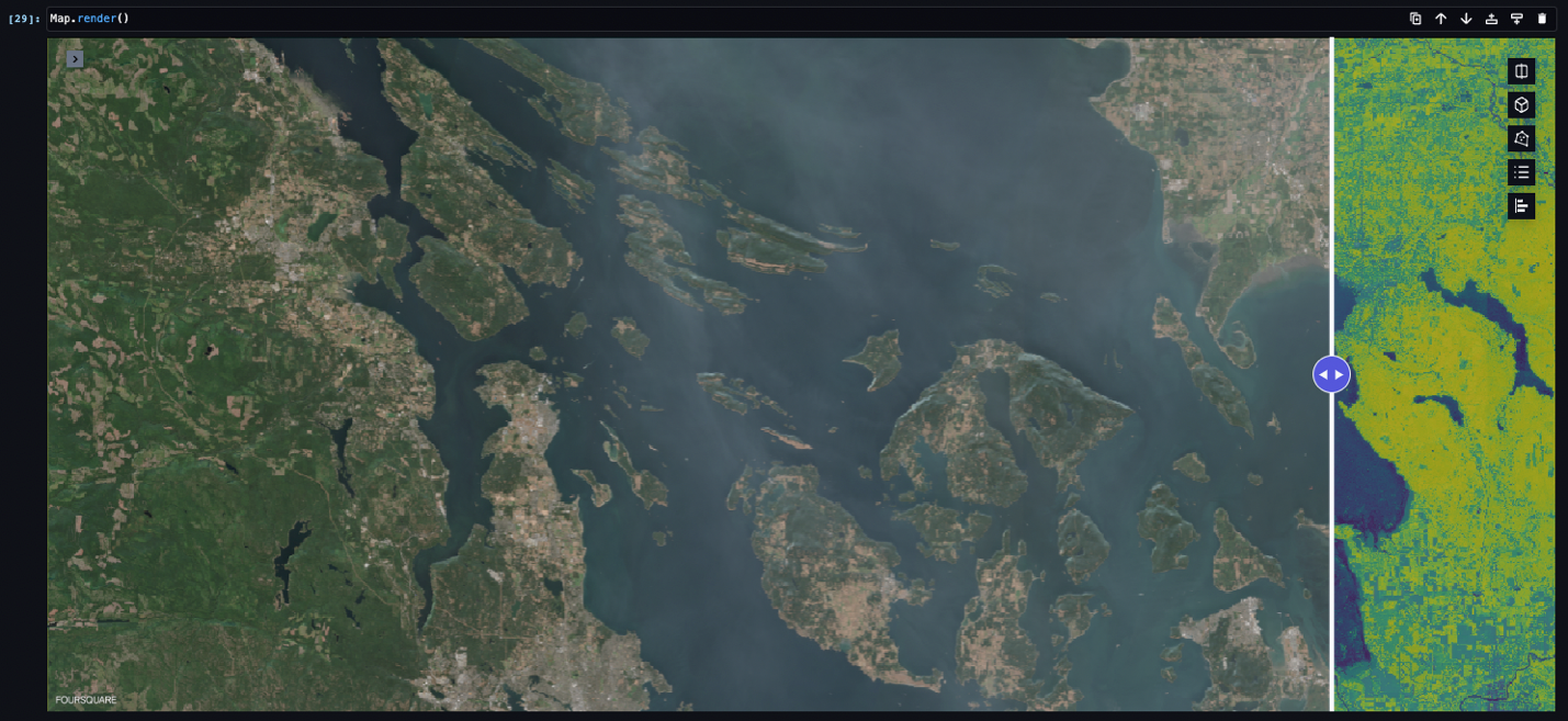 A split-view satellite map comparing true-color imagery with a vegetation index overlay, showcasing differences in land and vegetation coverage using AI or machine learning for geospatial analysis.